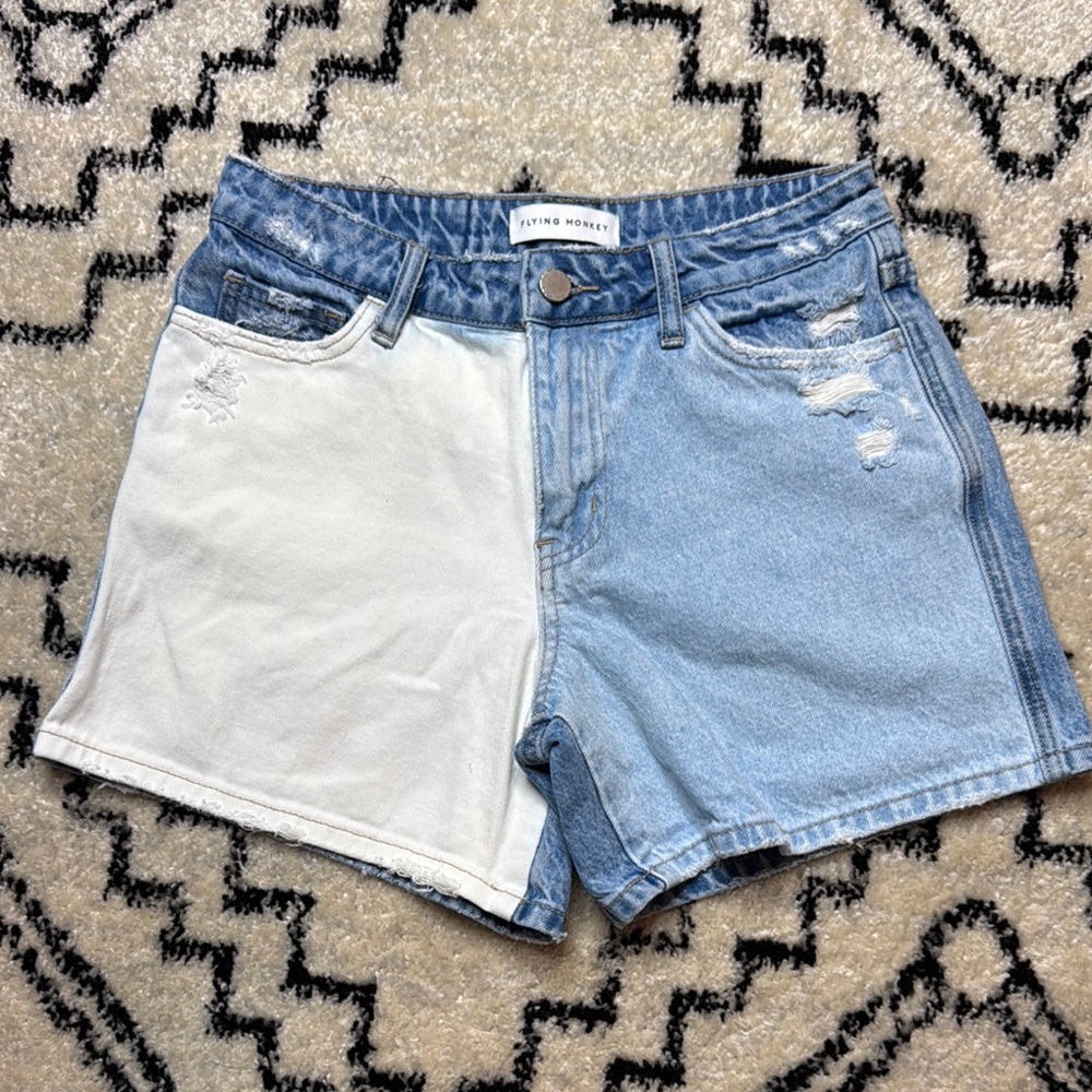 Flying Monkey Blue and White Jean Shorts High-Waisted